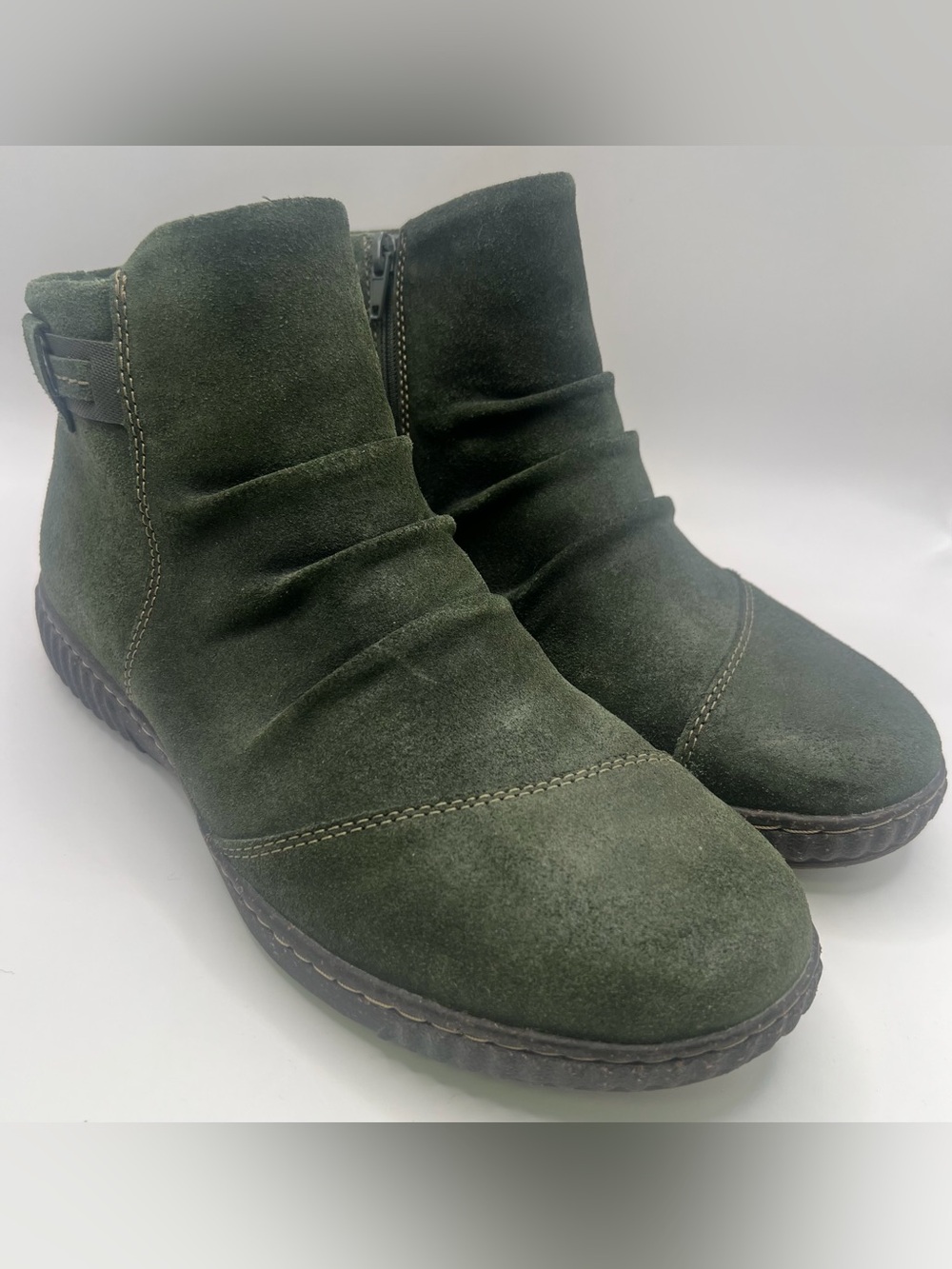 Clark’s-Women's Olive Green Suede Ankle Boots - Comfort Zip Design, Size:11